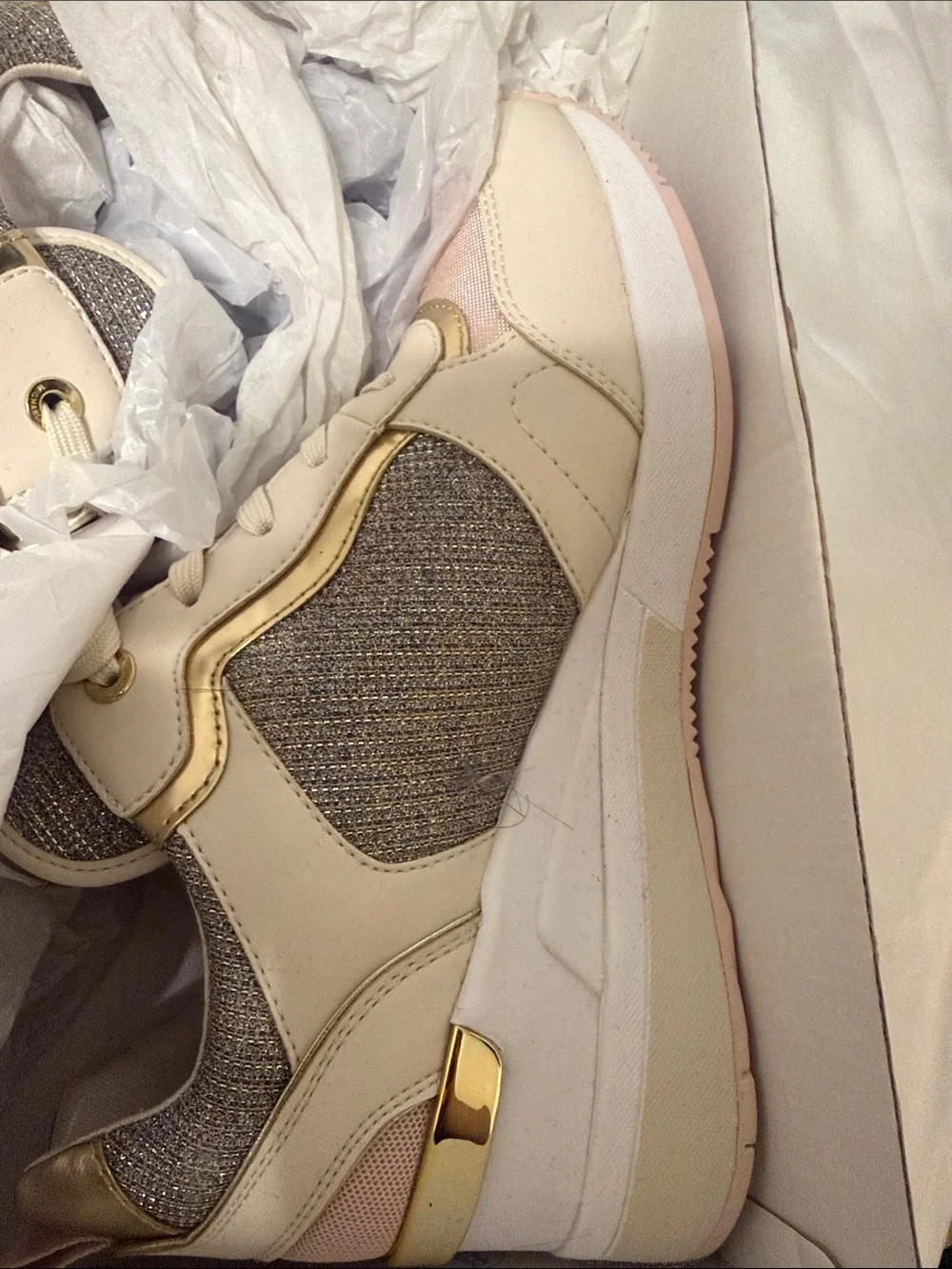 Michael Kors Cream, Pink & Gold Glitter Platform Sneakers - Picture 5 of 6